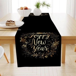 Elegant Happy New Year table runner in black and gold with floral pattern for dining decor