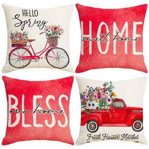Linen Cushion Cover Flower Car Print Spring Farmhouse Decor Sofa Throw Pillow Case Square Home Decoration For Living Room