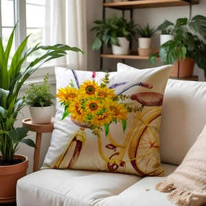 Linen sunflower and bicycle throw pillow cover for cozy spring sofa decoration