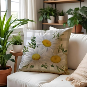 White daisy floral square throw pillow case with green leaves on linen plaid background