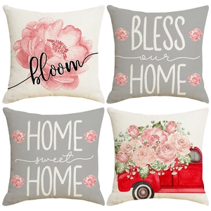 Taie d'Oreiller Décorative en Lin Floral Rose Pastoral Carré pour Canapé Maison Salon Décoration Imprimée