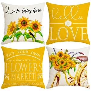 Sunflower Linen Pillow Case Decorative Cushion Cover Vintage Bicycle Floral Pattern For Sofa Living Room Home Decor