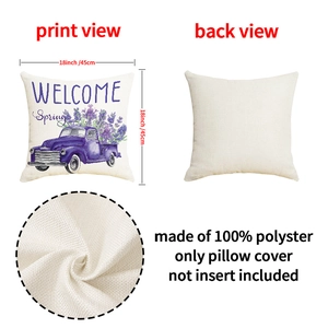 Detail view of 18-inch spring lavender pillowcase showing linen texture and welcome print