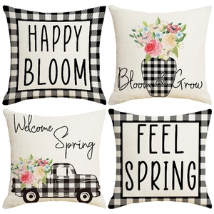 Spring Linen Throw Pillow Covers Happy Bloom Floral Buffalo Plaid Pattern Square Decorative Cushion Covers For Home Sofa