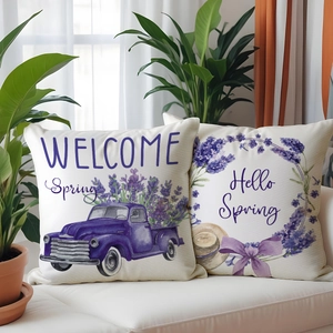 Detailed close-up of lavender spring pillow covers in linen with floral truck print