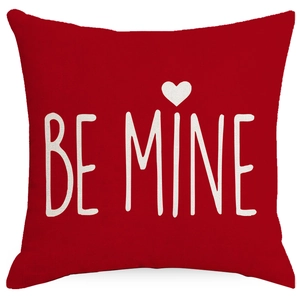 Red Valentine pillow case with white Be Mine text and heart on white background