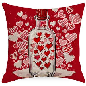 Square Valentine pillowcase with a glass jar of red and pink hearts on a white background