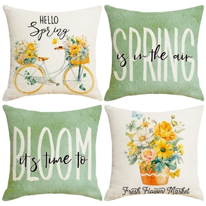 Modern Spring Green Botanical Linen Cushion Cover Decorative Square Floral Print Throw Pillow Case For Sofa Home Decor