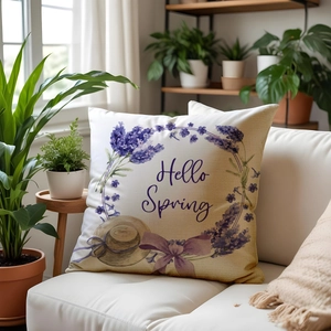 Spring lavender flower wreath linen pillow cover set for sofa home decor with Hello Spring text