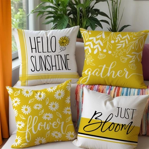 Set of 4 yellow daisy linen pillow covers with Hello Sunshine text for sofa decor