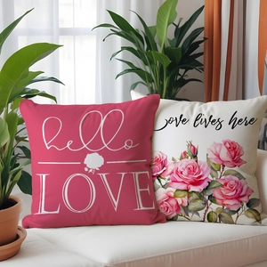 Detailed texture of spring floral linen pillow covers with hello love printed text