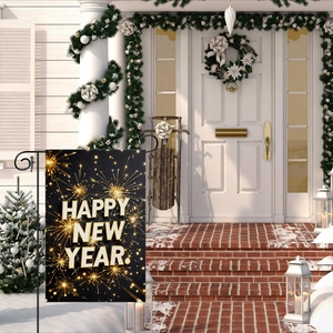 Detailed view of Happy New Year garden flag with gold fireworks and black metal stand