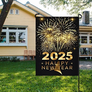 Close-up of 2025 Happy New Year black and gold garden flag displayed in a yard