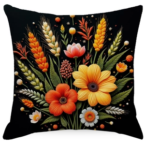 Detailed macro of floral pattern on black throw pillow cover featuring wheat and sunflowers