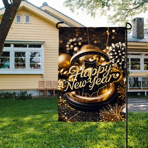 Outdoor 2025 Happy New Year garden flag in black and gold hanging near a wooden house