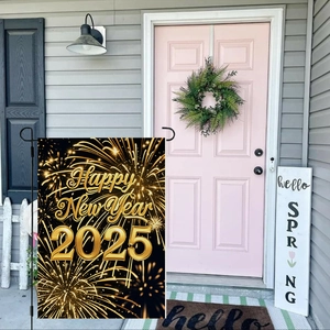Garden flag display with 2025 Happy New Year design and black metal stake on a house porch
