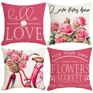 Linen Decorative Pillowcase Pink Rose Flower Retro Bicycle Lettering Square Cushion Cover For Sofa Living Room Home Decor