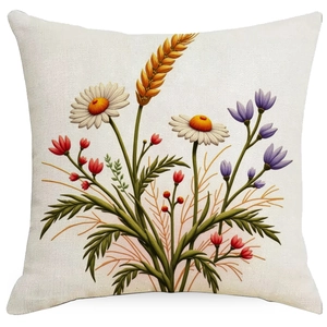 Detailed texture of cotton linen pillowcase with colorful floral and daisy embroidery print