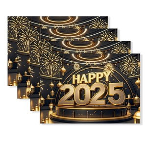 Detailed macro view of 2025 New Year place mats set with golden text on black background