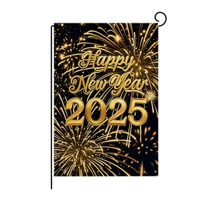 Happy New Year 2025 garden flag with black gold firework design and metal stand