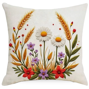 Square faux embroidery pillow cover with floral daisy and wheat pattern in rural style