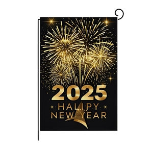 2025 Happy New Year garden flag with gold fireworks on black fabric and metal stand