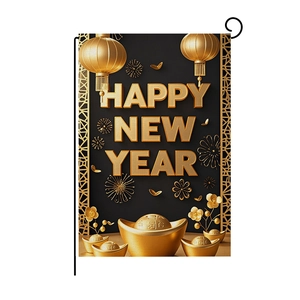 Black and gold Happy New Year 2025 garden flag with lanterns and sycees for holiday decor