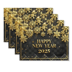 Detail of luxury black and gold 2025 Happy New Year table mats with snowflake patterns