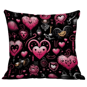 Macro detail of gothic pink heart prints on a square black polyester cushion cover