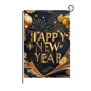 2025 Happy New Year garden flag in black and gold with fireworks and lanterns