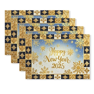 Set of four 2025 New Year placemats with gold Happy New Year text and snowflake motifs