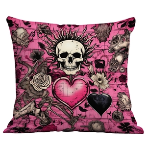 Detailed punk gothic skull print with pink heart and roses on a square throw pillow case