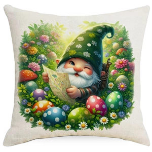 Spring garden gnome pillow case with colorful floral and Easter egg patterns
