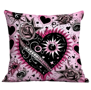 Pink and black punk style heart pillowcase with gothic heart and flame art print