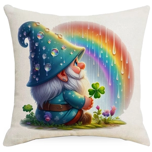 Macro detail of gnome pillow cover showing textured linen fabric and colorful illustration