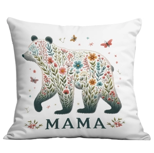 Detail of floral bear print and MAMA typography on white decorative cushion cover