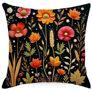 Black decorative throw pillow cover with vibrant floral pattern and botanical embroidery print