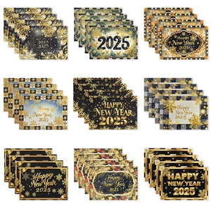 Happy New Year 2025 Placemats Black Gold Heat Resistant Non Slip Polyester Linen Table Mats For Festive Home Party Kitchen