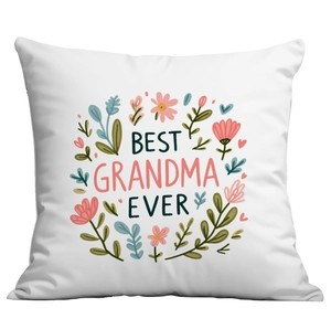 Detailed view of floral print and 'BEST GRANDMA EVER' text on a square pillowcase