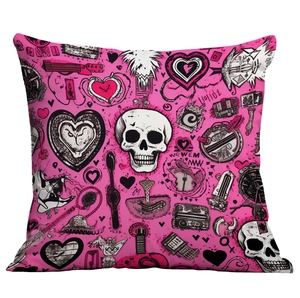 Pink punk graffiti pillow case with skulls and hearts pattern on white background