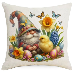 Macro detail of Easter gnome cushion cover showing floral fabric texture and printing