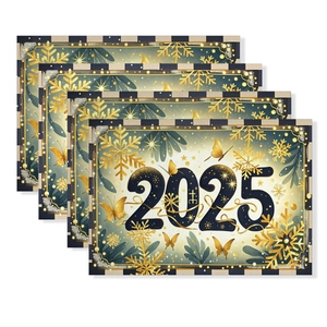 Luxurious black and gold 2025 New Year placemats set with festive snowflake patterns