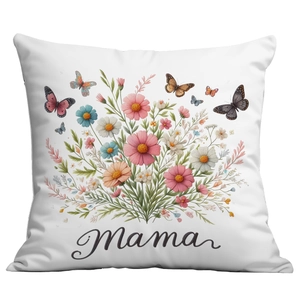 Detailed view of white pillowcase with colorful floral butterfly print and Mama script text