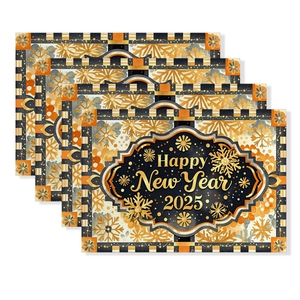 Set of 4 luxury black and gold Happy New Year 2025 table mats with festive snowflake patterns