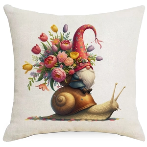 Detailed close-up of textured cotton linen pillow cover with floral gnome and snail print