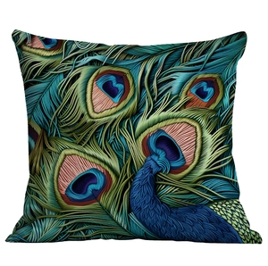 Artistic peacock feather cushion cover with vibrant digital embroidery print texture