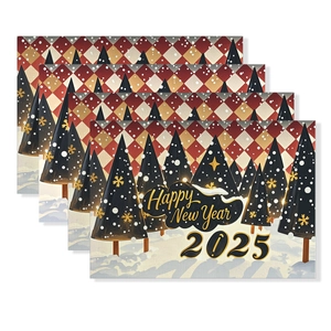 Set of 4 luxury black and gold 2025 Happy New Year placemats with fir tree forest design