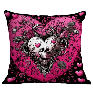 Detailed view of punk gothic skull heart digital print on square polyester cushion cover