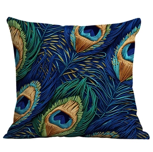 Luxurious peacock feather pattern square cushion cover in deep blue and gold tones