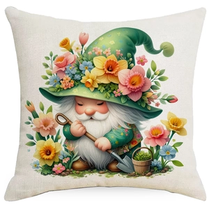 Garden gnome throw pillow cover with floral patterns and spring decor theme